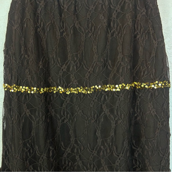 Cache Womens Embellished Gold Sequins Lace Skirt Maxi Sz Large Brown Lined Long - Picture 4 of 5